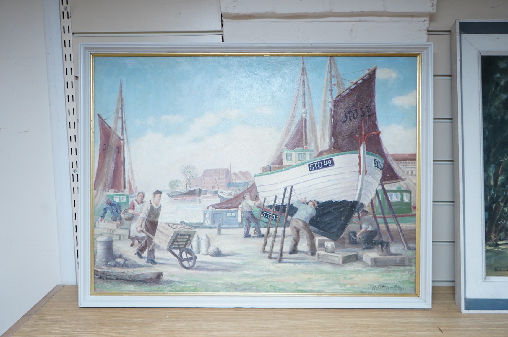 H Otto (German), Harbour scene with fishermen and boats, signed, oil on board, 53 x 72cm